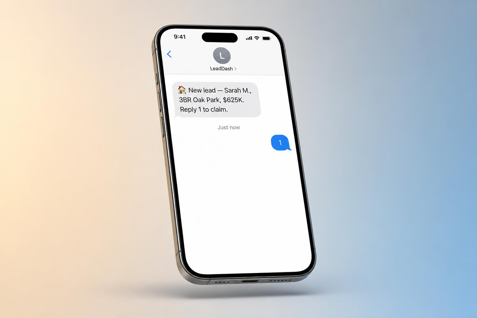 iPhone showing a LeadDash text and incoming call with a new real estate lead for an agent to claim
